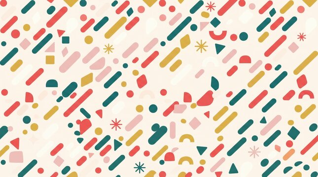 Diagonal multicolored geometric shapes and dots on cream background