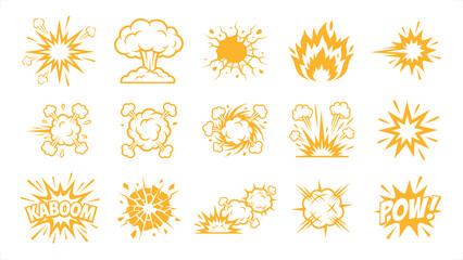 Comic explosion icons set, yellow pop art bang and boom sound effect burst elements vector collection © sabbir