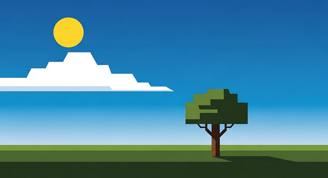 Pixel art sun and cloud with tree isolated graphic for design and