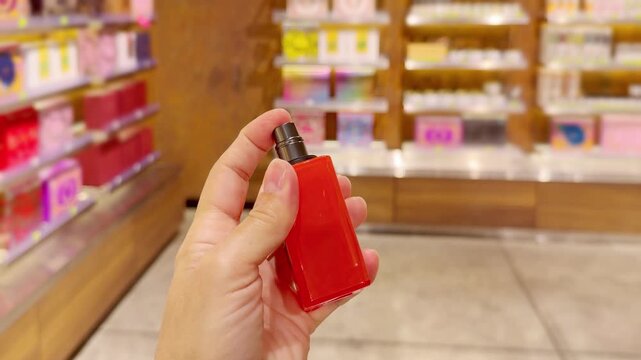 Perfume and Eau de Toilette Bottles on Display in Cosmetics Store &ndash; Fragrance Products on Shelf with Blurred Perfume Background