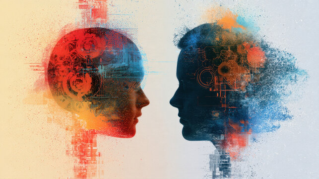 human profile face facing artificial intelligence robot face profile abstract digital art concept of human vs ai technology integration brain data network double exposure background photo