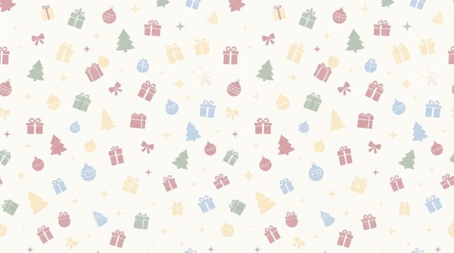 Pastel Christmas Pattern With Gifts Trees And Ornaments On Cream Background
