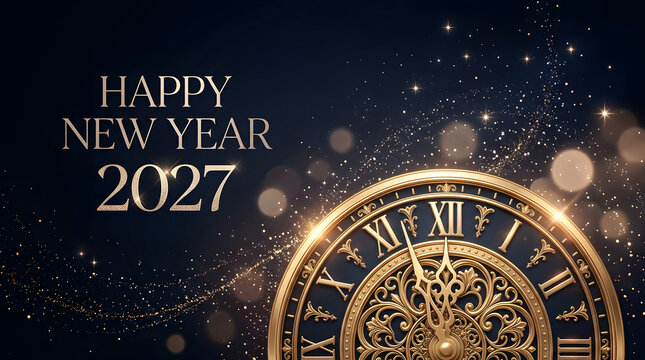 Celebrate the arrival of 2027 with this luxurious new year background featuring a golden clock vibrant fireworks and elegant typography perfect for