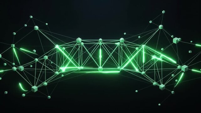 A structured green glowing node network bridging across a dark space, symbolizing abstract API integration handshakes, software development, system connectivity, cross-platform data synchronization.