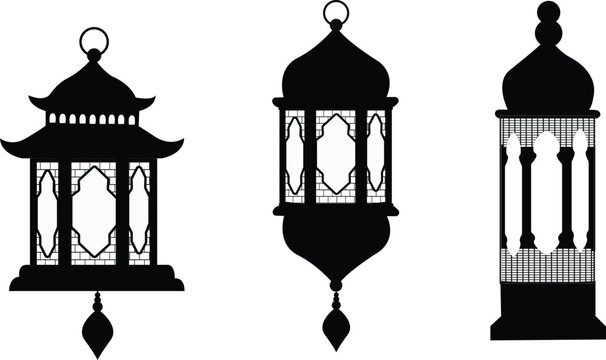 Set of three decorative black hanging lanterns for cultural events
