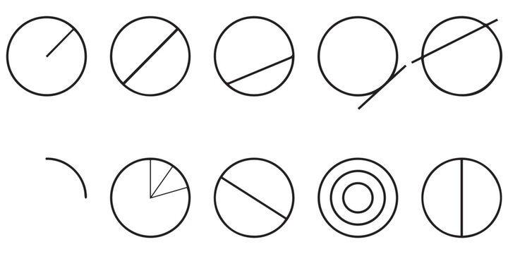 Set of geometric circle diagrams and mathematical line art symbols for educational design projects. geometric circle diagrams and mathematical line art for education