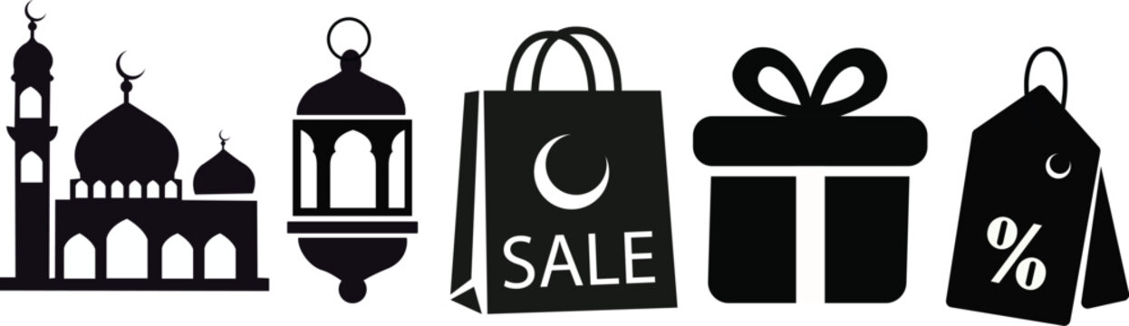 Black Ramadan sale icons with mosque lantern bag gift and price tag