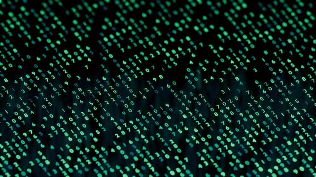 3d render 16:9 video loop of glowing green matrix digital numbers continuously shifting position in smooth motion for cybersecurity data visualization stock asset, hash value