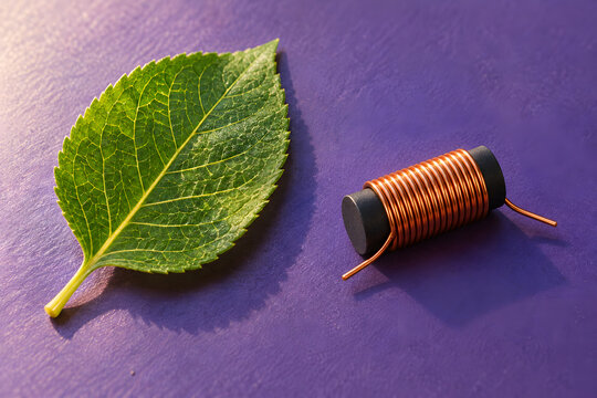 Green leaf beside a copper induction coil on a violet workbench