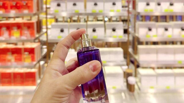 Perfume and Eau de Toilette Bottles on Display in Cosmetics Store &ndash; Fragrance Products on Shelf with Blurred Perfume Background
