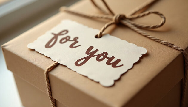 close-up of a craft paper gift box tied with twine string and a tag with text for you