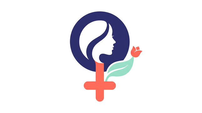 Women's Day Floral Emblem with Female Face and Leaf . Modern floral emblem featuring a stylized female face inside a navy blue circular frame, complemented by a mint green leaf and coral flower