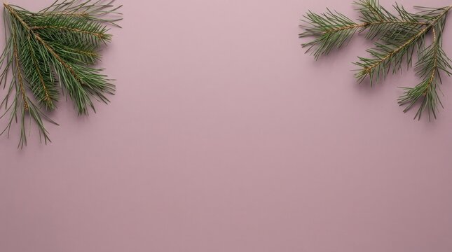 Pine tree branches frame on a pink background with winter copy space