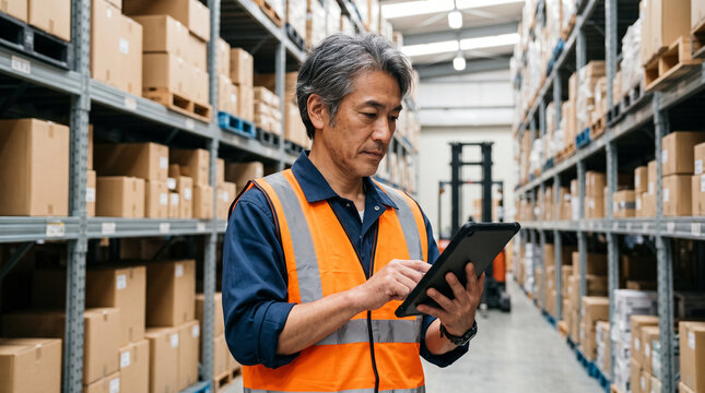 高い棚の間でタブレットを使い在庫を確認する50代の日本人男性の倉庫作業員：物流倉庫の仕事のイメージ