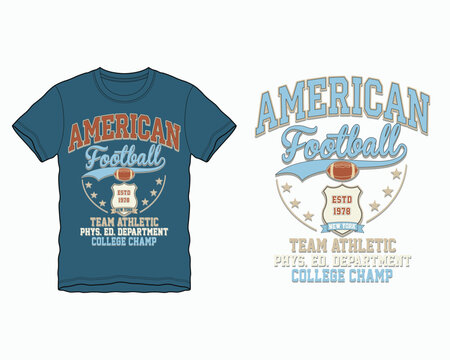 Vintage American Football Team Athletic College Champ Vector Graphic Design With Football Icon Shield And Varsity Typography print T-Shirt Design.