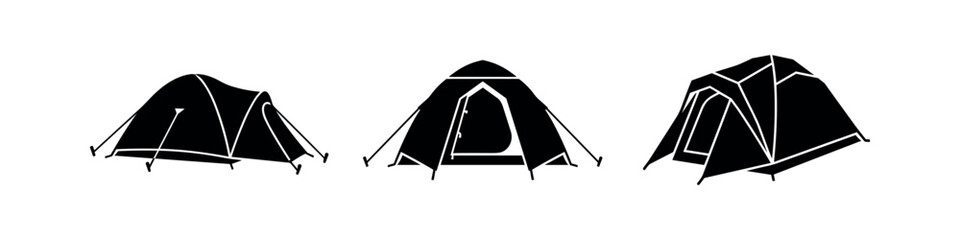 Modern dome and tunnel camping tent vector icons set. Outdoor shelter for adventure and travel. © Lili