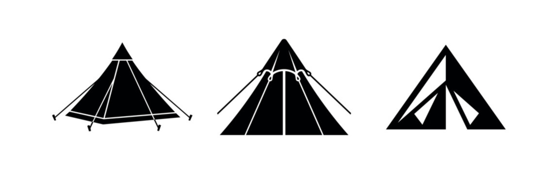 Conical and teepee tent vector icons set. Outdoor camping and wilderness shelter symbols.