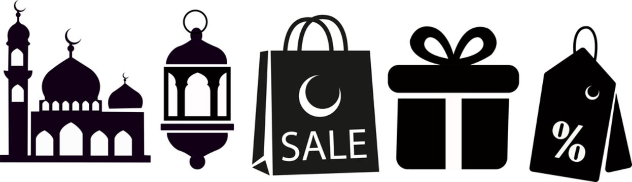 Black Ramadan sale icons with mosque lantern bag gift and price tag