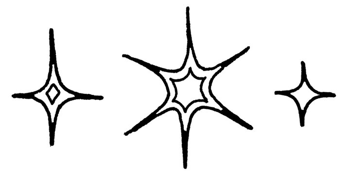 Hand-drawn line art ink icon set of shining and sparkling four and six-pointed stars isolated on transparent background for magic stickers, mystical craft, witchy decor, astrology, and RPG game UI.