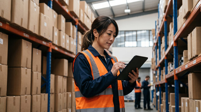 高い棚の間でタブレットを使い在庫を確認する30代の日本人女性の倉庫作業員：物流倉庫の仕事のイメージ