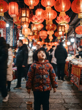 Young child looking up at red lanterns during a festival