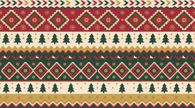 Red and green Christmas sweater pattern with pine trees and snowflakes