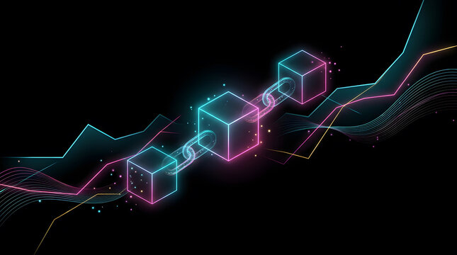 Glowing neon blockchain cubes and financial data waves