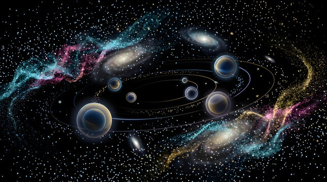 Orbiting planets and glowing cosmic nebulae in deep space
