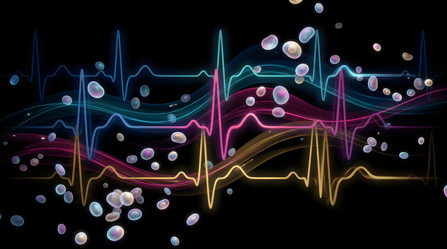 Glowing electrocardiogram heartbeat lines with microscopic cells representing medical monitoring