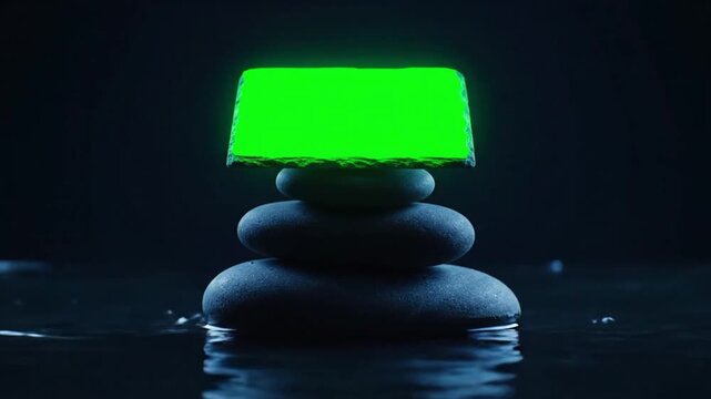 Zen Balanced Stones Stack on Water with Green Screen Display Plaque in Peaceful Spa Environment