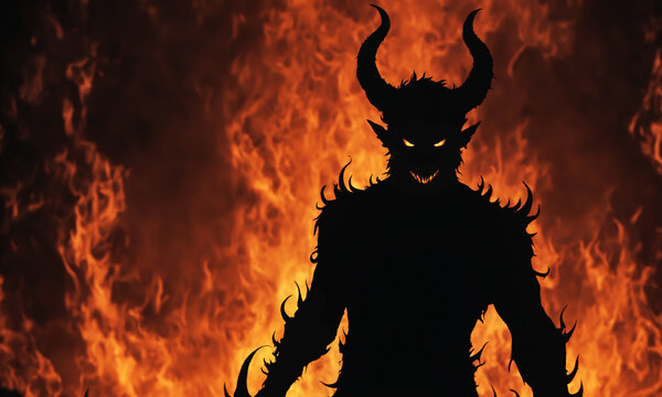 dark silhouette of a terrifying horned demon creature with glowing orange eyes and sharp teeth standing against a wall of bright blazing fire and roaring flames