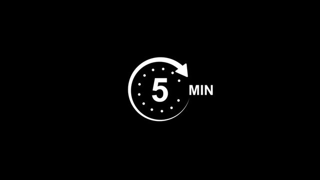 Timer 5 minutes clock symbol white animation minimalist on a black background.5 Min clock icon animation, A white circular timer icon with a clockwise arrow, 4k quality animation video