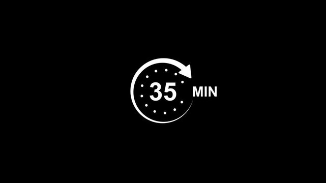 Timer 35 minutes clock symbol white animation minimalist on a black background. 35 Min clock icon animation, A white circular timer icon with a clockwise arrow, 4k quality animation video
