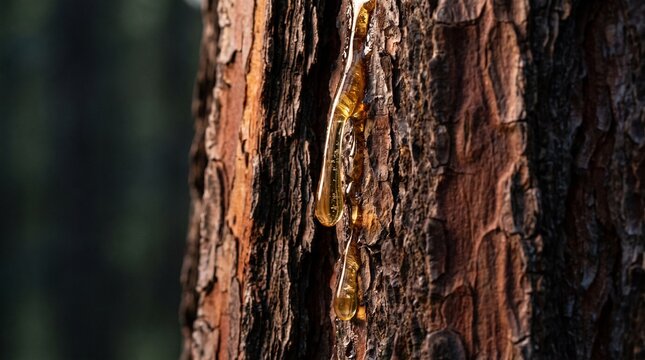 Close-up of golden amber pine resin dripping down the rough bark of a pine tree trunk in a coniferous forest