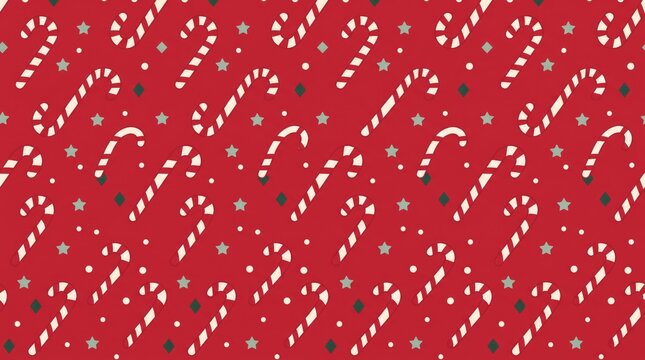 Red Christmas Pattern With White Candy Canes And Green Stars