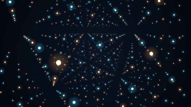 Camera drifting inside a glowing 3D atomic crystal lattice of light nodes