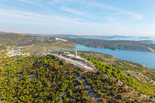 Aerial view of the Statue of Our Lady of Loreto above the Adriatic coast near Primo&scaron;ten