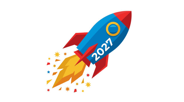 Dynamic illustration of a rocket launching into the future, symbolizing 2027 progress and new beginnings.