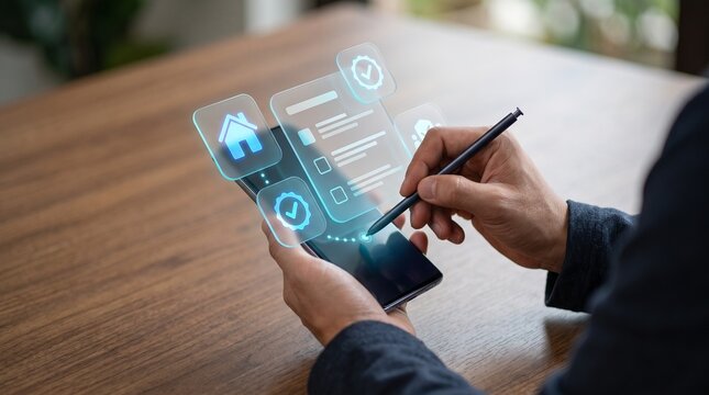 User signing digital contract on smartphone with stylus for online real estate property agreement and verification