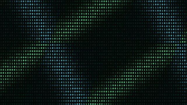 Full screen of flickering binary code digits lit by sweeping diagonal light bands