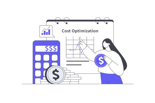 Cost Optimization Analytics and Financial Expense Reduction Planning. Female Specialist Holding Dollar Coin Pointing at Cost Optimization Chart Board and Calculator. Flat Cartoon Vector Illustration