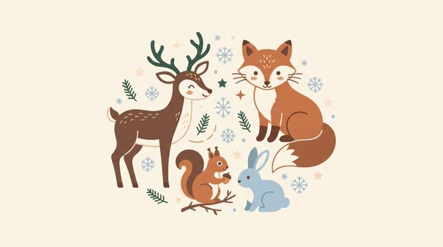 Cute winter forest animals illustration with deer, fox, squirrel, and rabbit on cream background
