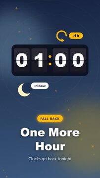 Split-flap bedside clock flips back one hour for daylight saving time, seamless loop animation