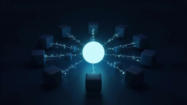 A glowing central node distributing data streams outward to multiple server cubes in a dark space, symbolizing cloud load balancing, server infrastructure, DevOps, traffic distribution optimization.