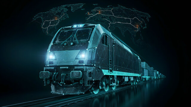 Modern high speed train futuristic travel global map background