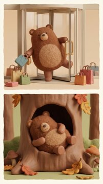 Cute felted bear stuck in revolving door with shopping bags vs napping in hollow tree, Black Friday overconsumption concept
