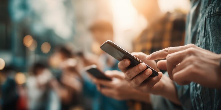 Group young people stand together each absorbed in browsing, typing on their smartphones. Digital addiction, social media, mobile application. Social network society generation, internet online. Gen Z