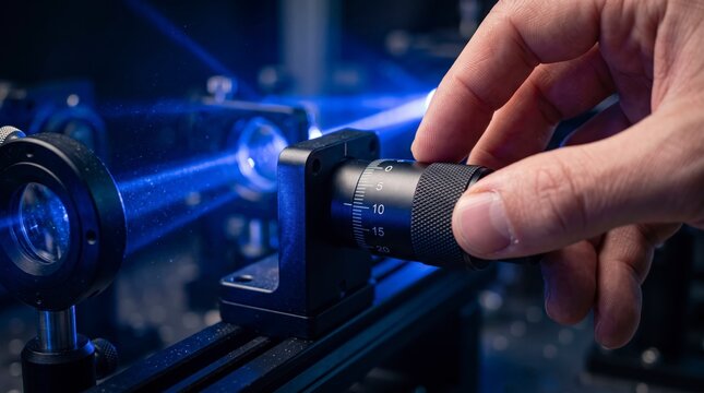 A researcher's hand fine-tunes an optical micrometer stage while aligning blue laser beams through lenses on an optical breadboard in a scientific laboratory.