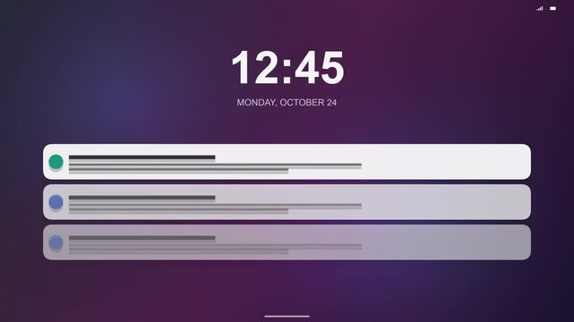 Digital Smartphone Lock Screen Interface with Message Notification Banners and Clock Display UI Motion Graphics Concept Render Background