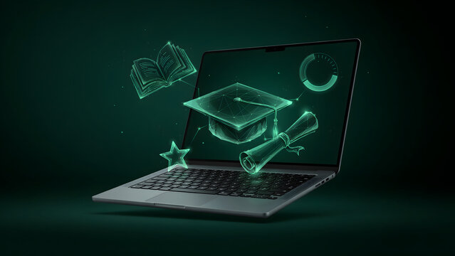 Graduation celebration digital illustration featuring laptop diploma